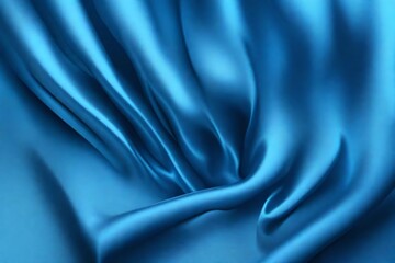 Closeup of rippled blue color satin fabric cloth texture background