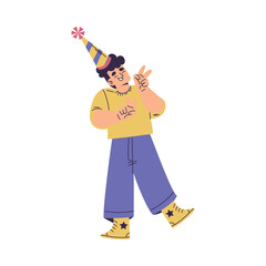 Cute Boy at Happy Birthday Party in Cone Hat Celebrating Holiday Vector Illustration