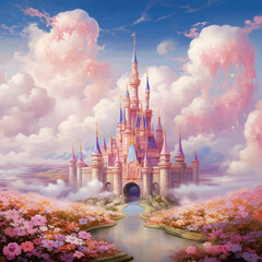 Princess Castle. Magic Pink Castle in the clouds. Fantasy world. Fairytale landscape. Cartoon Castle in the blue sky. Pink clouds. Flowers. Kingdom. Magic tower. Fairy city. Illustration for children