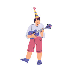Cute Boy at Happy Birthday Party in Cone Hat with Guitar Celebrating Holiday Vector Illustration