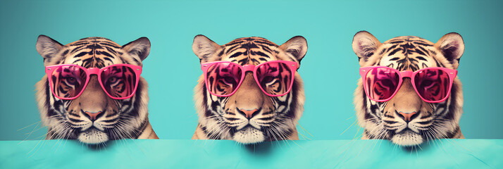 3 tigers wearing colourful sunglasses