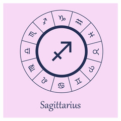 Sagittarius sign . Sagittarius zodiac sign symbole on pink background horoscope astrology. Astrological calendar. Zodiacal pink vector horoscope. Line (Woman, Woman, female, girl, baby girl