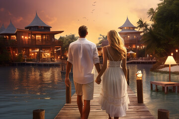 Travel, leisure, lifestyle concept. Young couple traveling in tropical island. Blue lagoon, palm trees and resort houses in background during sunset. Generative AI
