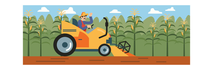 Farmer driving tractor on field. Field processing, growing corn and harvesting concept. Corn cultivation concept. Flat vector illustration in cartoon style