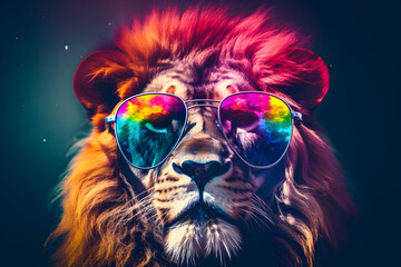 lion wearing colourful sunglasses