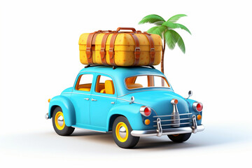 Funny retro car with suitcases. Unusual summer travel 3d illustration