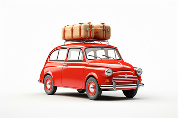 Funny red retro car with suitcases. Unusual summer travel 3d illustration