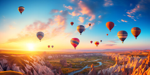 Holiday Destination of Hot Air Balloons Flying Over Rocky Cliff in Cappadocia Turkey at Sunset