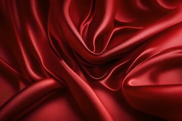 Closeup of rippled red colorsatin fabric cloth texture background