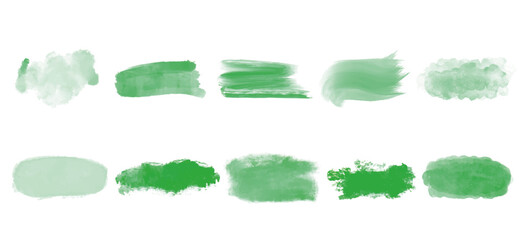 Set of abstract green watercolor water splash on a white background. Ink paint brush stain. Eco natural splatters spot.