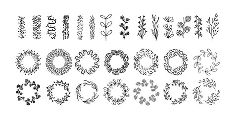 Doodle botanical circle frame. Hand drawn round line border, leaves and flowers, wedding invitation and cards, logo design and posters template.