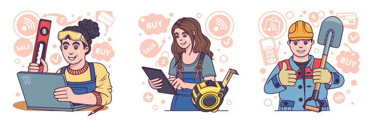 Lady choosing different materials and instruments for building. Builder shopping online via tablet. Man in uniform bout shovel in online store. Shopping via modern gadgets. Vector illustration