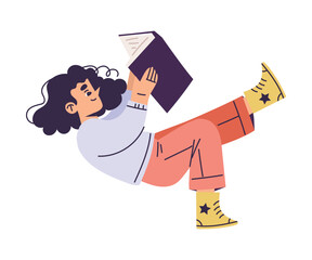 Little Girl with Open Book Lying and Reading Interested with Story Vector Illustration