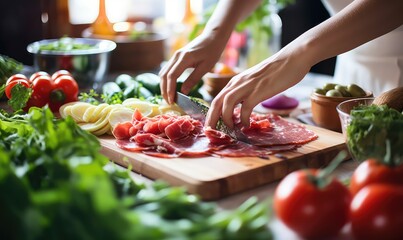 Woman is cooking in home kitchen. Female hands cut salami, vegetables, greens, tomatoes on table on wooden boards. Ingredients for preparing italian or french food . Generative AI - obrazy, fototapety, plakaty