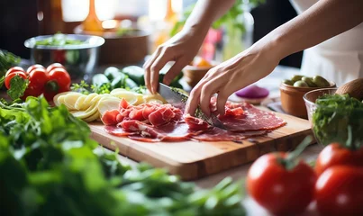 Fotobehang Woman is cooking in home kitchen. Female hands cut salami, vegetables, greens, tomatoes on table on wooden boards. Ingredients for preparing italian or french food . Generative AI © Klnpherch