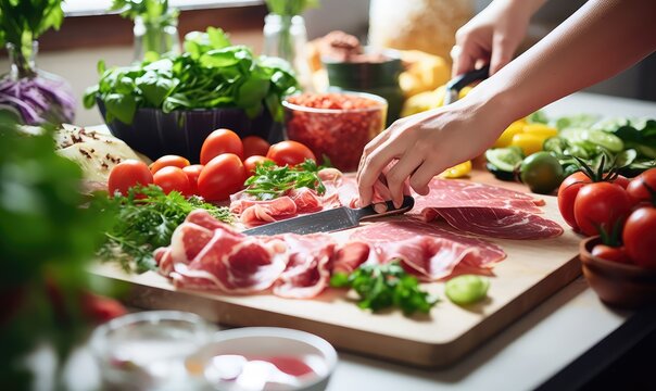 Woman is cooking in home kitchen. Female hands cut salami, vegetables, greens, tomatoes on table on wooden boards. Ingredients for preparing italian or french food . Generative AI