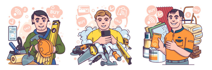 Smiling seller helping to order different paint. Construction worker in uniform buying different instruments via smartphone. Collection of tools for repair. Flat vector illustration in cartoon style