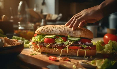 Fotobehang african american male hands making a sandwich in the kitchen, warm light, white bread with lettuce and cheese and ham and tomato on the sandwich . Generative AI © Klnpherch