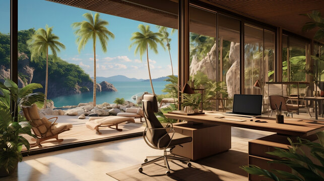 Home office with an inspirational view of the beach and sea. Warm tropical setting. Generative AI.