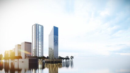 Naklejka premium Skyscrapers in the City at Sunrise,3D Rendering with Empty Space Background on Reflection Area.