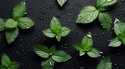 The pattern of cool and fresh mint leaves arranged on a black monotonous background with droplets of refreshing water; Self-care and inner well-being through aromatherapy and spa treatments.