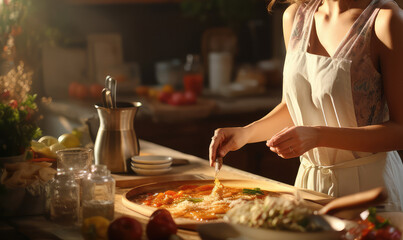 Fototapeta premium hands Cooking Housewife in apron cooking in the kitchen . Generative AI