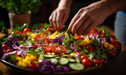 Obraz na płótnie Canvas close-up of hands assembling a colorful and nutritious salad . Generative AI