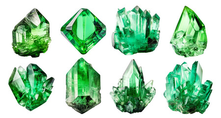 set of isolated illustrations green gem crystals. Created with Generative AI