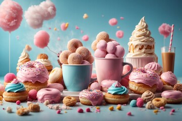 Cup of coffee or tea with marshmallows, cakes and candies on blue background