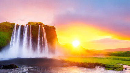 waterfalls during sunset, nature, landscape, mountain background and wallpaper 4. generative ai