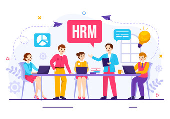 HRM Human Resource Management Vector Illustration with System Managing Company Employee for Marketing Materials and Business Background Design