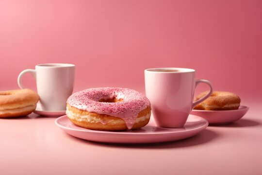 Cup of coffee and donuts on a pink background. Breakfast concept. - Powered by Adobe