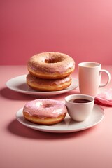 Cup of coffee and donuts on a pink background. Breakfast concept.