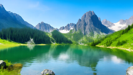 Majestic mountain lake in national park high tatra background and wallpaper 3. generative ai