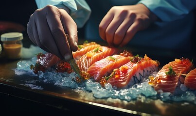 close up of hands of a chef preparing sushi . Generative AI