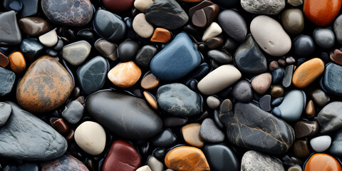 River rocks or stones in a seamless tiled pattern. Naturally polished and rounded river pebbles create a repeating background texture.
