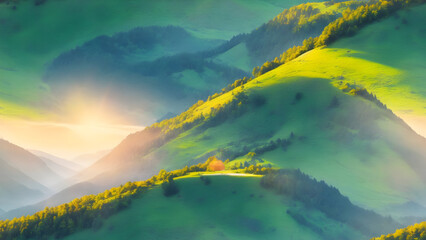 Mountain valley during sunrise. Natural summer landscape. background, wallpaper 12. generative AI