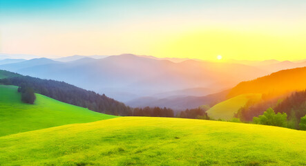 Fototapeta premium Mountain valley during sunrise. Natural summer landscape. background, wallpaper 4. generative AI