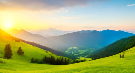 Mountain valley during sunrise. Natural summer landscape. background, wallpaper. generative AI