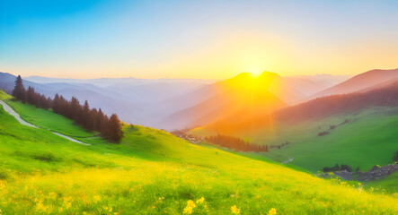 Mountain valley during sunrise. Natural summer landscape. background, wallpaper 6. generative AI