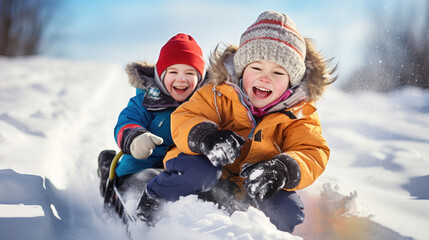 Children sled down snowy hill
