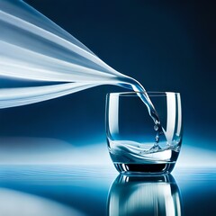 A stream of clear transparent cold water is poured into a glass beaker on blue background with beautiful lighting close-up.AI generated