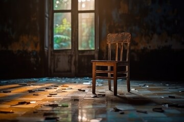 Old vintage stylish wood chair into abandoned room Generative AI.