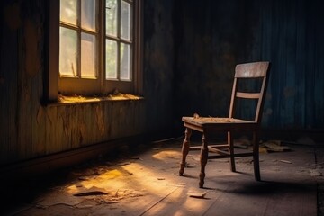 Fototapeta na wymiar Old vintage stylish wood chair into abandoned room Generative AI.
