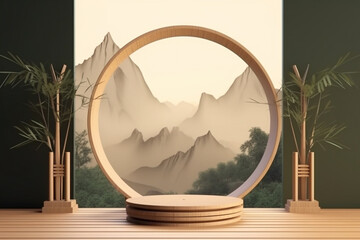 Round wooden display podium with ring decor overlook watercolor mountains painting on wooden table with plants. Created with Generative AI technology