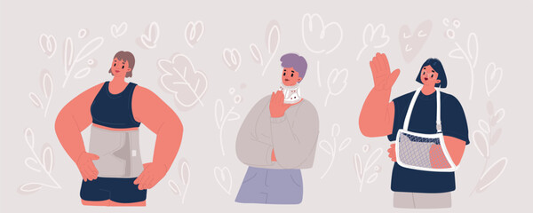 Vector illustration of Women with her broken neck, broken hand in plaster cast, sick injured woman with Shants collar, postoperative bandage
