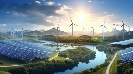 renewable energy sources by capturing wind turbines or solar panels, emphasizing the importance of transitioning to sustainable energy for a greener future.