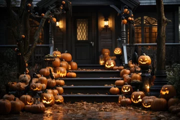 Fotobehang halloween pumpkins on a porch in front of a house. jack-o-lantern © Hugo