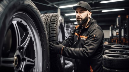 Fototapeta na wymiar Concept of Seasonal change of car tires. Professional car mechanic against the backdrop of an automobile workshop