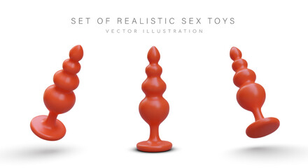 Set of realistic adult toys. Accessories for sex. Anal plug with balls of different diameters. Vector object in different positions. Image for sex shop website design, application